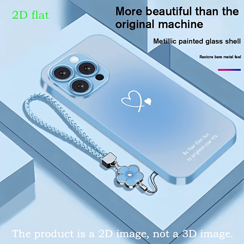 TEMU Phone Case - 2d Flat Heart Gradient Metallic Paint Glass Phone Case With Lanyard, Suitable For Iphone 16/16 Plus/16 Pro/16 Pro Max/ Plus/15
