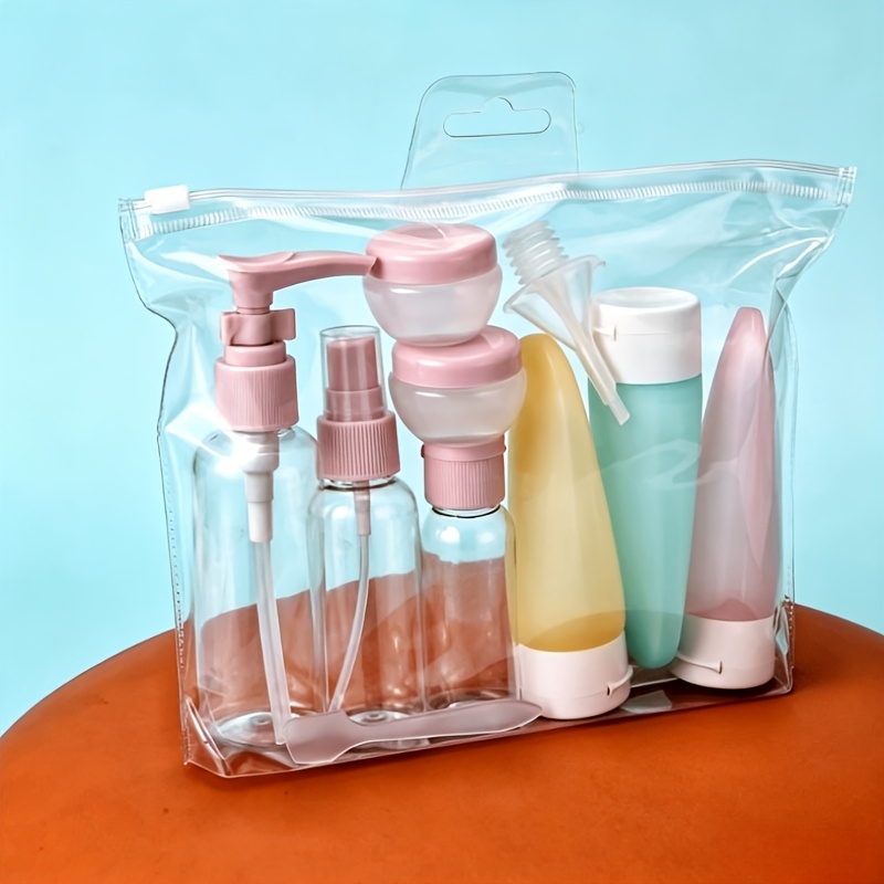 9pcs Set Leak-proof Travel Toiletry | Airplane Approved Size | Spray Bottle & Squeeze Tubes With Bag