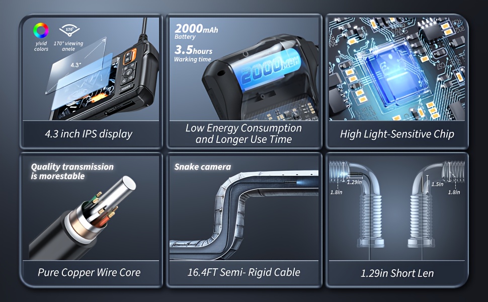 Endoscope Camera with Light 4.3 "IPS Screen, 1080P High Definition, 8 LED Lights, 3.3ft, 16.4-foot Semi-rigid Wire Endoscope, IP"67" Sewer Endoscope (accessories Can Be Purchased Separately, Buy Endoscope And Get Accessories for Free), Men's Tools 14