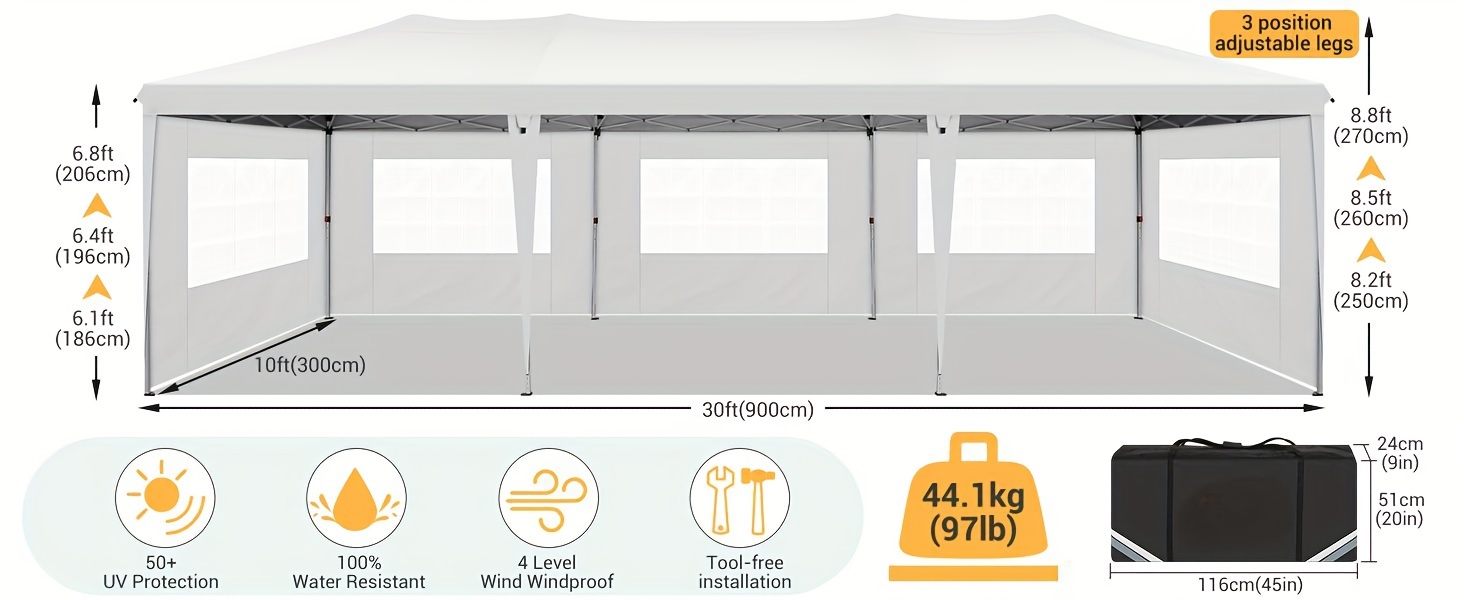   10x30弹出式帐篷，8个可拆卸侧壁，实用升级的重型框架，提供宽敞的空间，防水，防风和防紫外线，适合所有类型的户外活动 详情 1