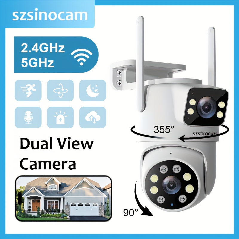 SZSINOCAM 5G Двулентова WiFi Сигурностна Камера с Автоматично Проследяване, Пълноцветно Нощно Виждане и Двупосочен Аудио - USB Захранване, 1296P HD Видео, 2.4GHz WiFi, 2.4GHz, Външна Сигурностна Камера, IP66 Безжична и WiFi Сигурностна Камера, Камера за Домашна Сигурност/Наблюдение