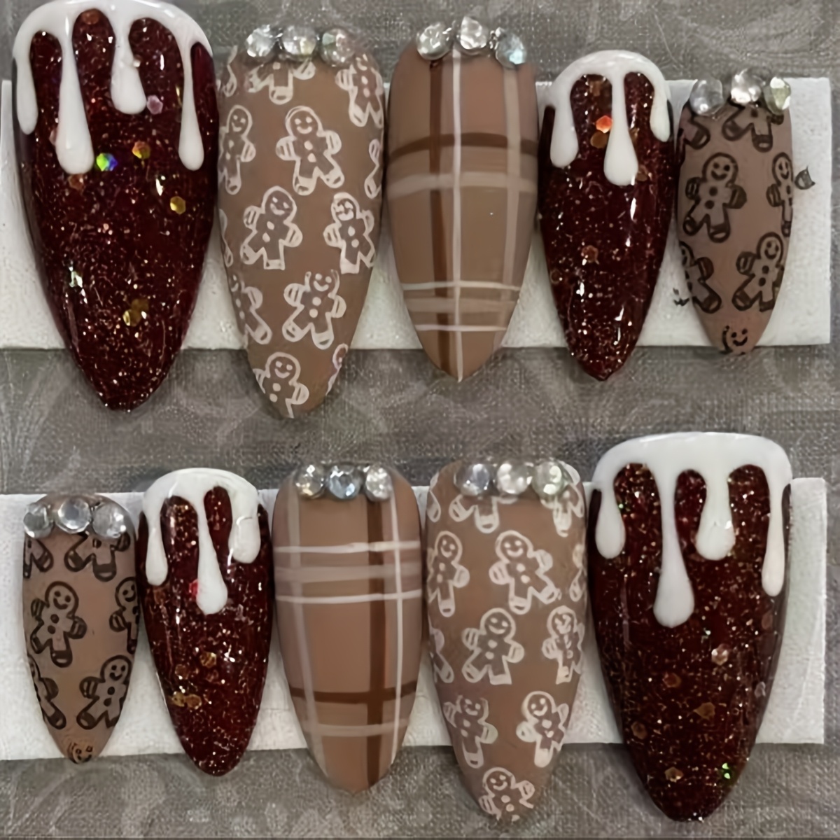 TEMU 30pcs Christmas Press On Nails Suitable For Women - Gingerbread For Man, Red & Plaid Design With Almond Shaped Medium Length - Glossy Holiday Nail For Parties, Winter (machine Nails)