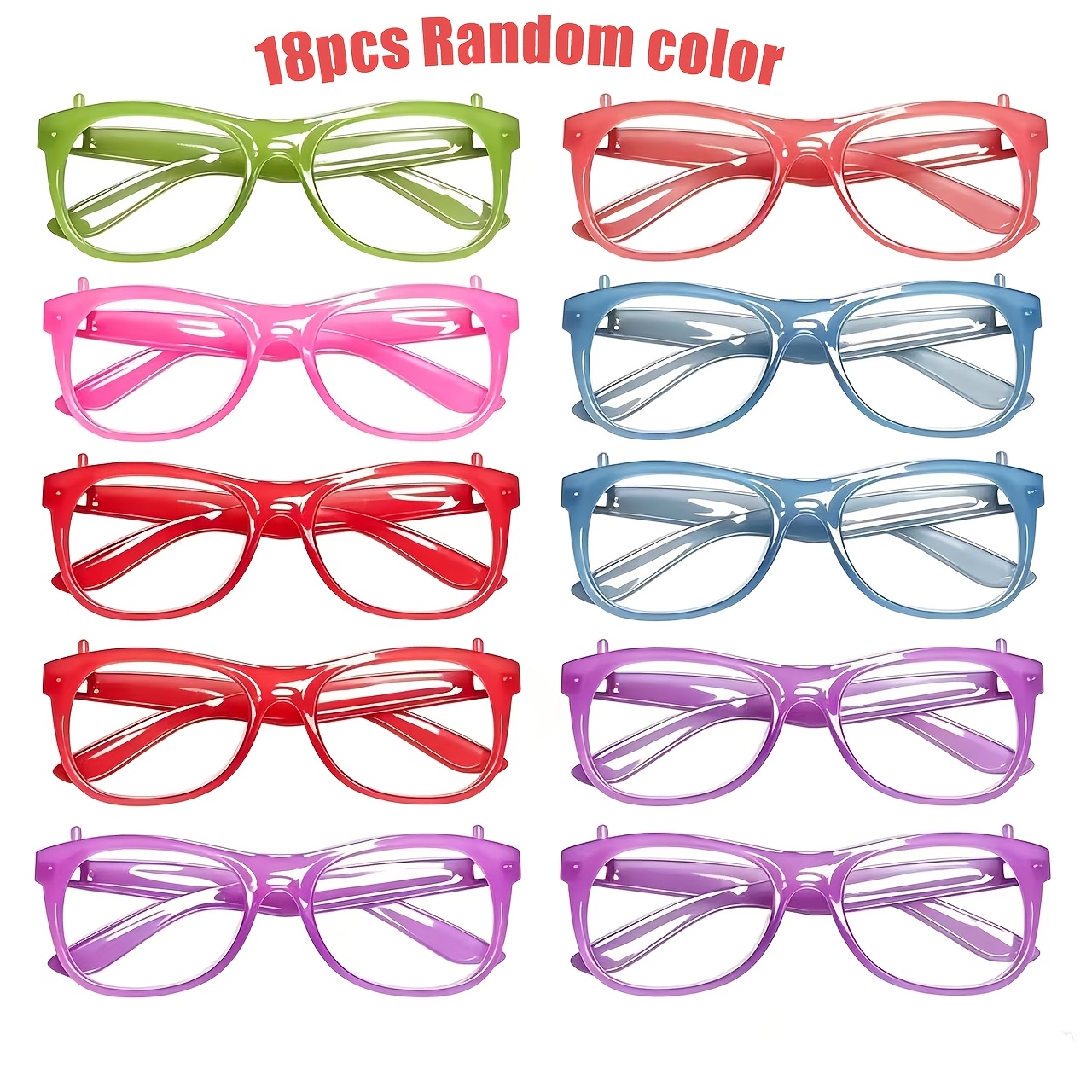TEMU 18 Pairs Of Lensless -the-dark Party Glasses, In Random Colors: Neon Green, Purple, Orange, Yellow, And Red. Lightweight And Durable Plastic