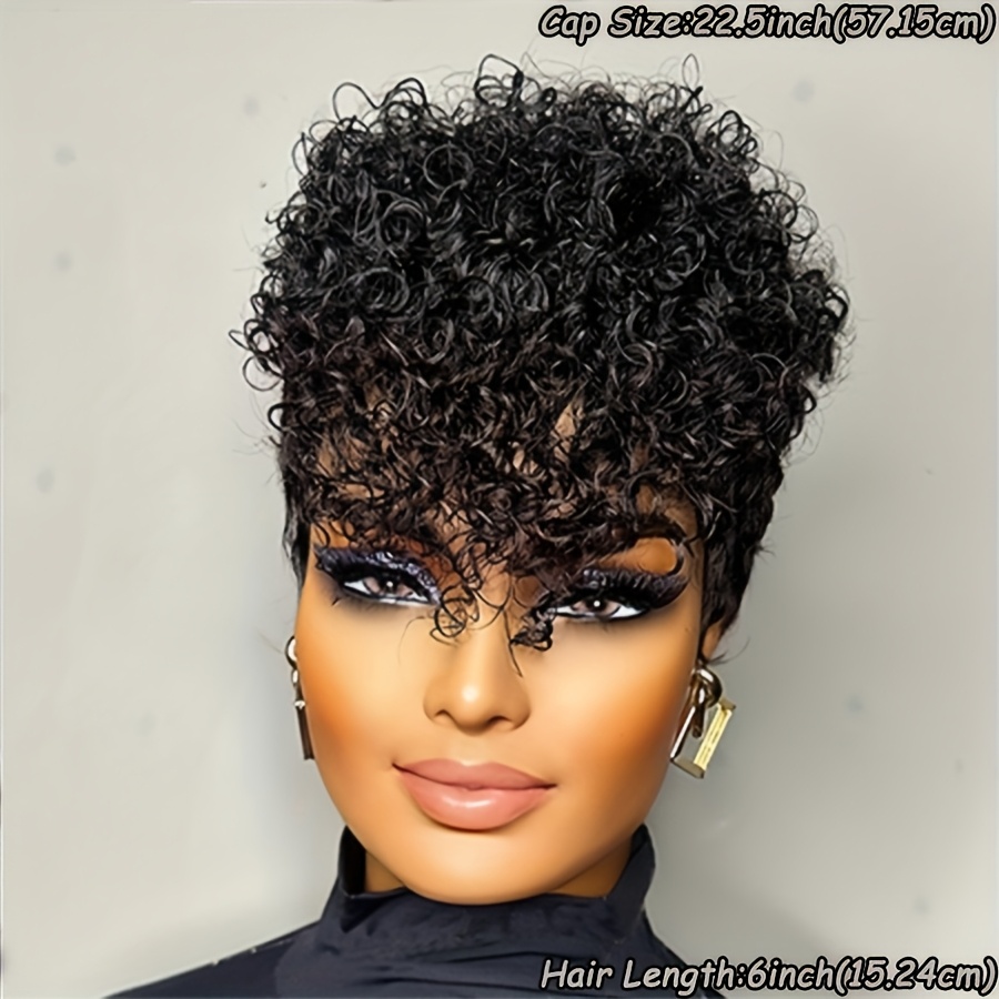 TEMU Springy Curls Cut Hair Wigs For Women Curly Hair Wig With Bangs, Short Curly Cut Wig Human Hair For Party Cosplay Daily Use, Fashion Wig 180%