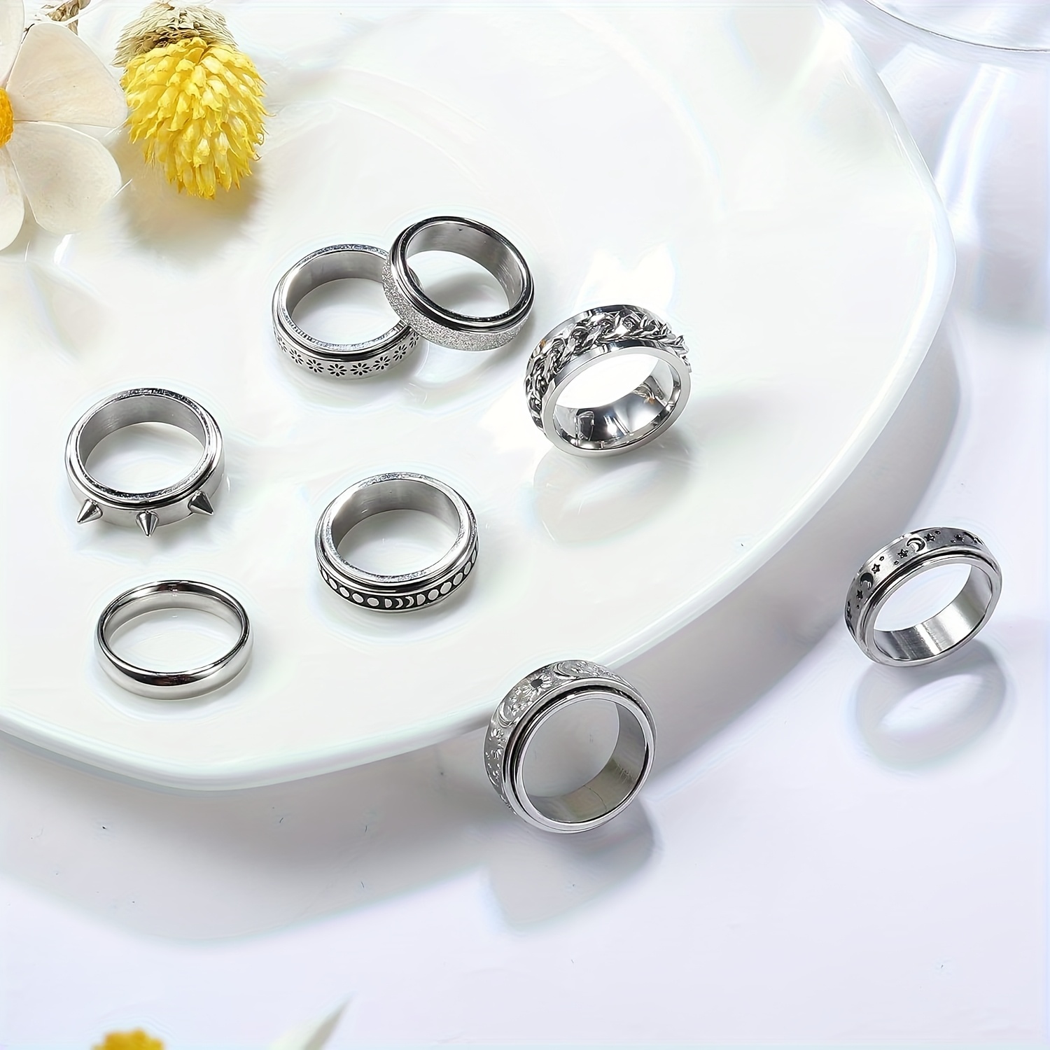 8pcs fidget rings for anxiety 316l stainless steel spinner ring anxiety ring spinning moon star flower cool relaxing rings for teenager teenager for teenager Product details 1
