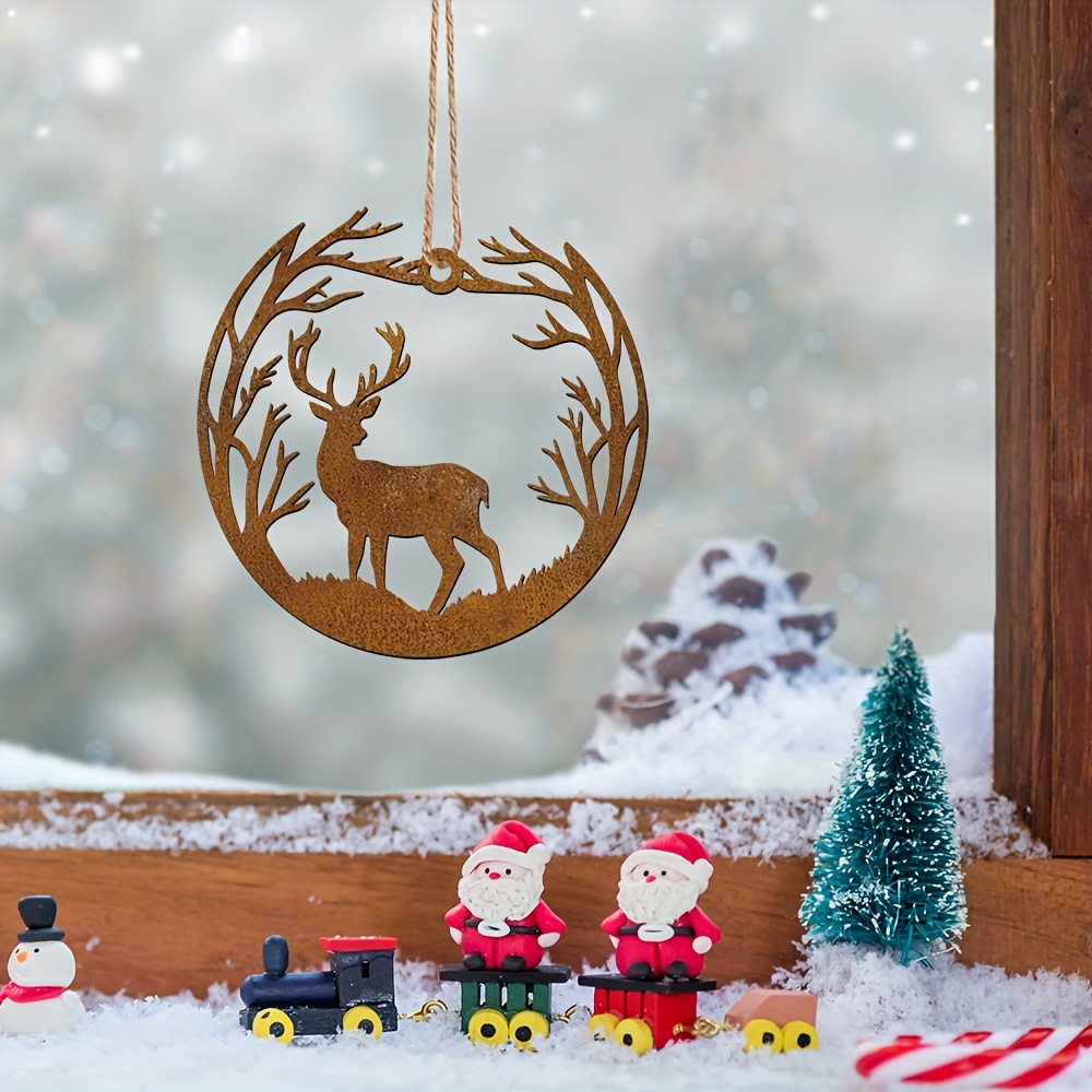 TEMU 1 Ornement de Noël en Fer de Branche de Main - Silhouette de Cerf Rond en Fer Rouillé Vintage avec Bois et Sabots, Décoration Suspendue Robuste