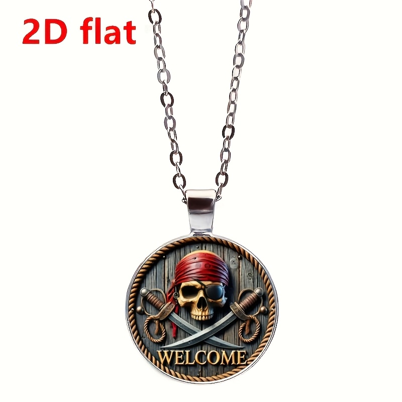 2d Flat 1pc Exquisite Alloy Jewelry Welcome Pirate Pattern Glass Pendant Chain Necklace For Men And Women Wedding Birthday Back-to-school Christmas Holiday Graduation Anniversary Perfect Gifts