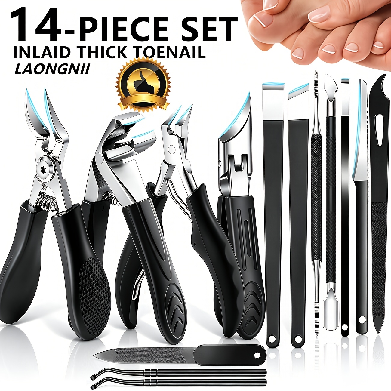 14pcs Heavy-duty Long-handle Nail Clipper Set Professional Manicure Tools With Sharp, Large Curved ; Easy To Clean And ; Suitable For Men, Women, And Seniors (ideal For Thick Nails)