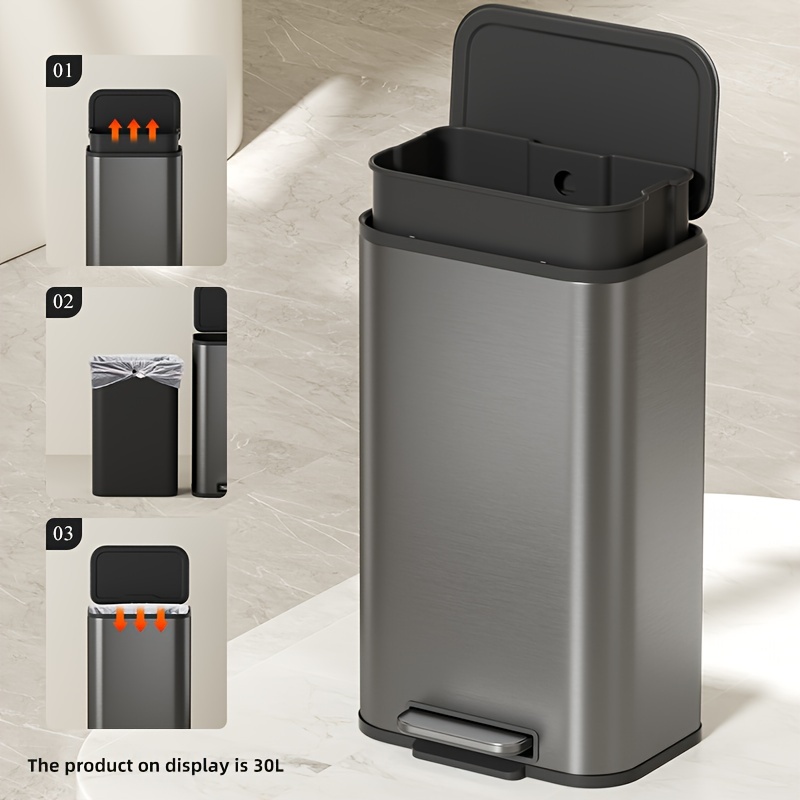 Stainless Steel 30 Litre Trash Bin with Lid, 30.28 L Kitchen Tall Trash Can Bin Metal Waste Bin for Home Hotel Office Public New Home Decoration Christmas Gift Kitchen Trash Cans