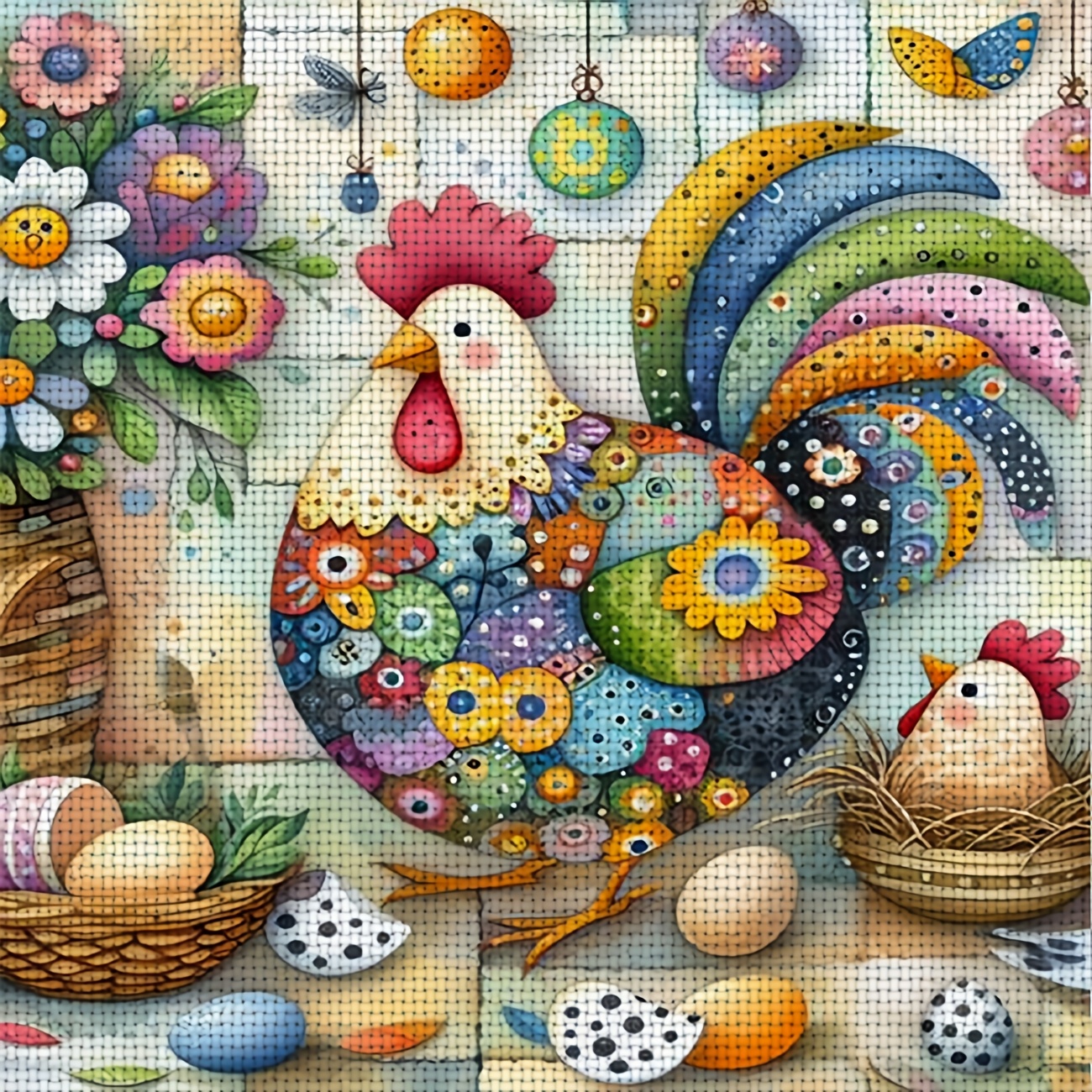TEMU 1pc Cross Stitch Kit | "colorful Rooster And Easter Eggs" Pattern, Ideal For Beginners, Includes Printed Canvas, Needles, Pattern, And