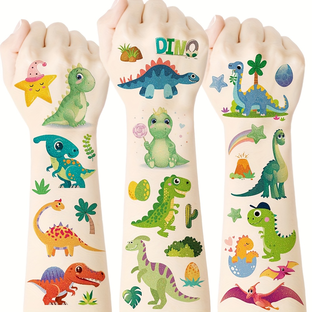 Tatuajes Temporales De Dinosaurio Con Brillo – 10 Hojas Para Niños