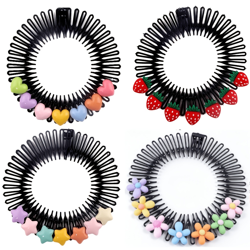 TEMU 4pcs Set Of Star, Heart, Strawberry, And Flower Decorated Flexible Black Spring Hair Combs, Sweet And Cute Candy Style, Non-slip Bangs Fixing