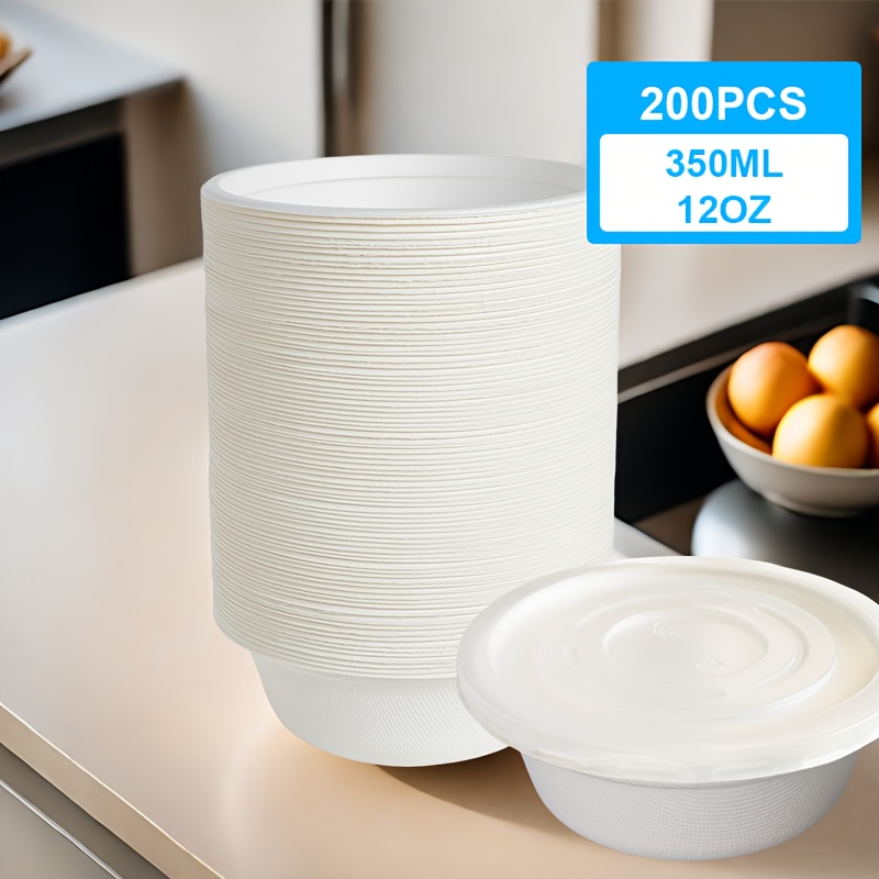 200개 12oz 일회용 종이 그릇, 튼튼한, 무광 백색 수프 그릇, 퇴비화 가능한 대나무 디자인, 캠핑, 파티, 생일, 축제용, 음식용 그릇
