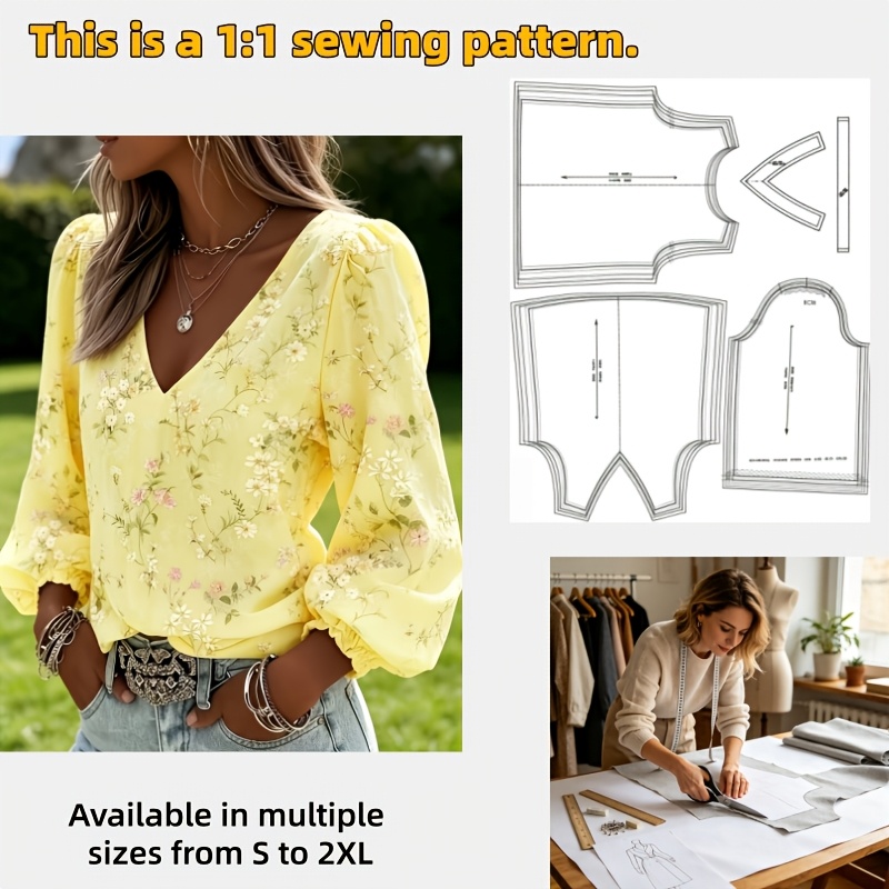 TEMU Women's V-neck Sewing & Quilting Template - 1:1 Scale Paper Pattern Suitable For Making, S-3xl, Base For Handmade Clothing, Garment, Loose