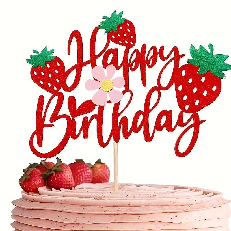 1pcs Strawberry Happy Birthday Cake Topper With Glitter Theme Birthday Berrry Cake Pick Decorations For Strawberry Theme Baby Shower Birthday Party Cake Decorations Supplies,halloween,christmas