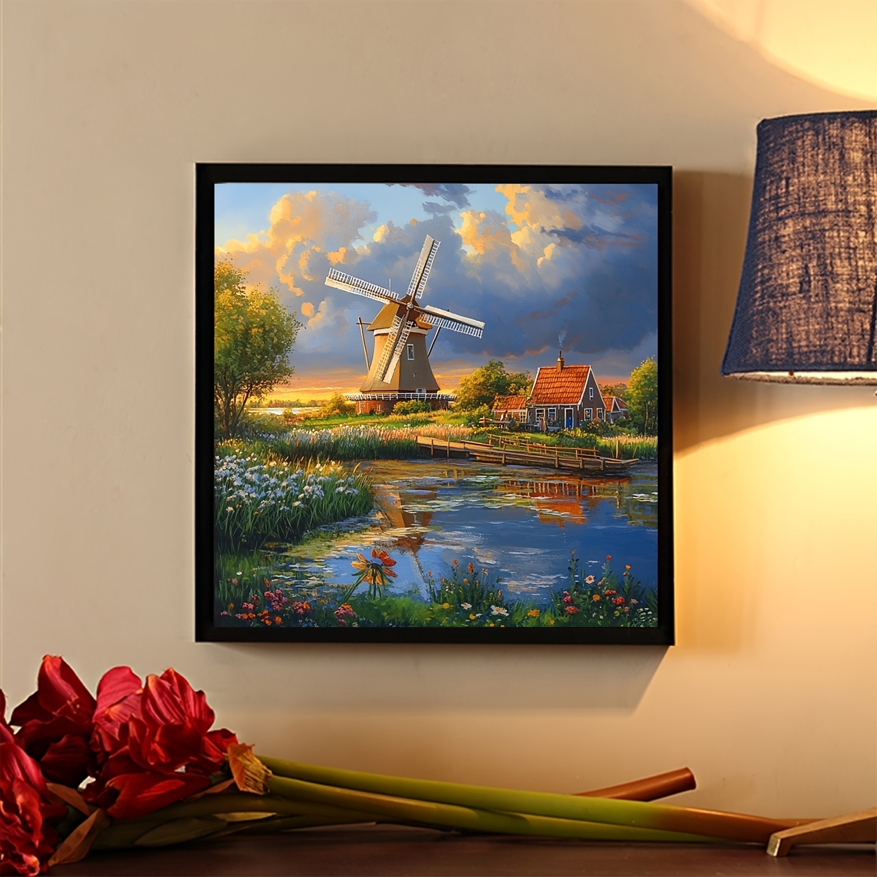 TEMU “diy 5d Frameless Diamond Painting Art” Colorful Windmill Architectural Landscape Canvas Artwork, Diamond Paintings For Hand Skills Development,