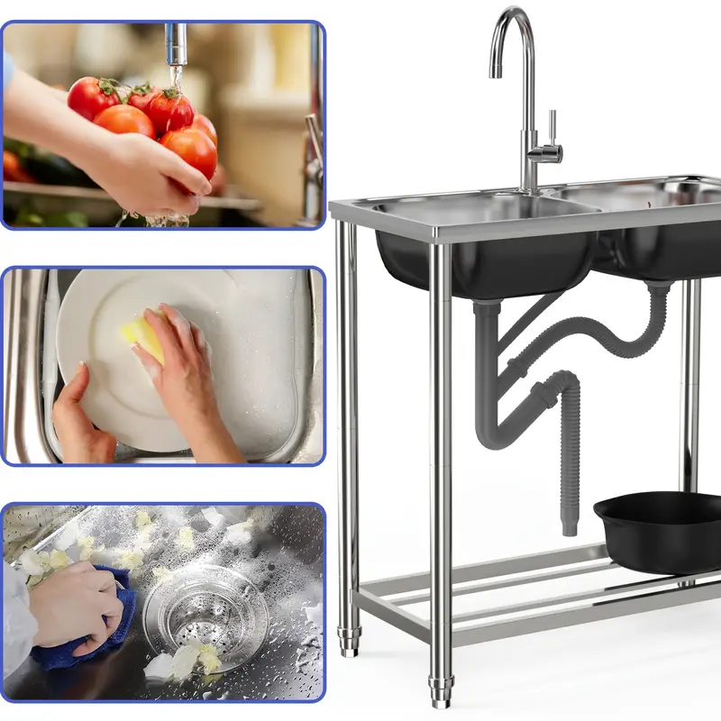 grösse: 78x43x82cm freistehendes waschbecken, 2 waschbecken, badezimmer-waschbecken, waschbecken mit heiß- und kaltwasserhahn, für küche, außenbereich, camping, garten, garage Produktdetails 1