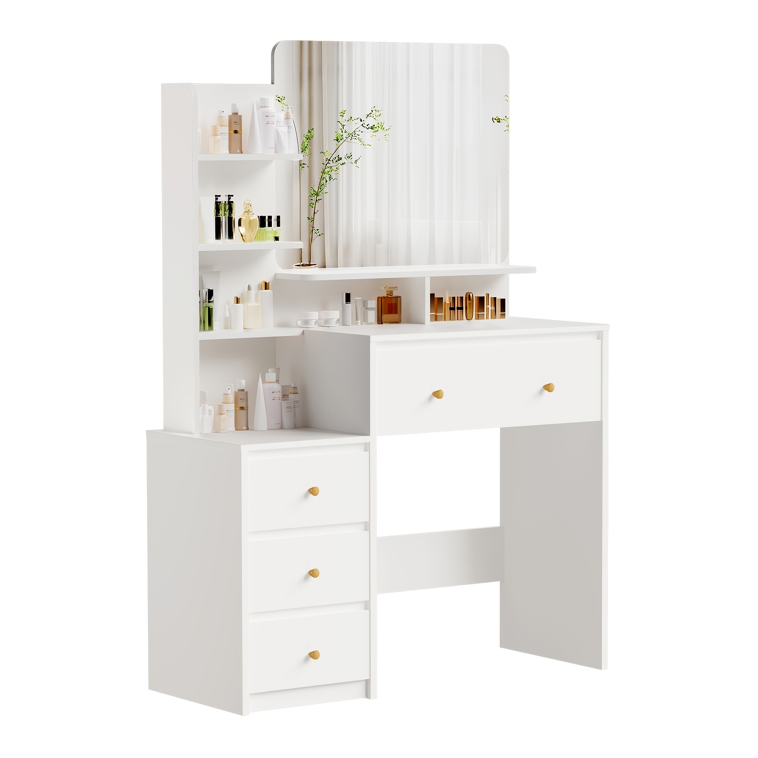 Airchros Elegant -standing Dressing Table & Makeup Vanity With Mirror - 4-drawer Storage Cabinet, Spacious Drawers Suitable For, Compact Space-, Assembly, (for Small Spaces)