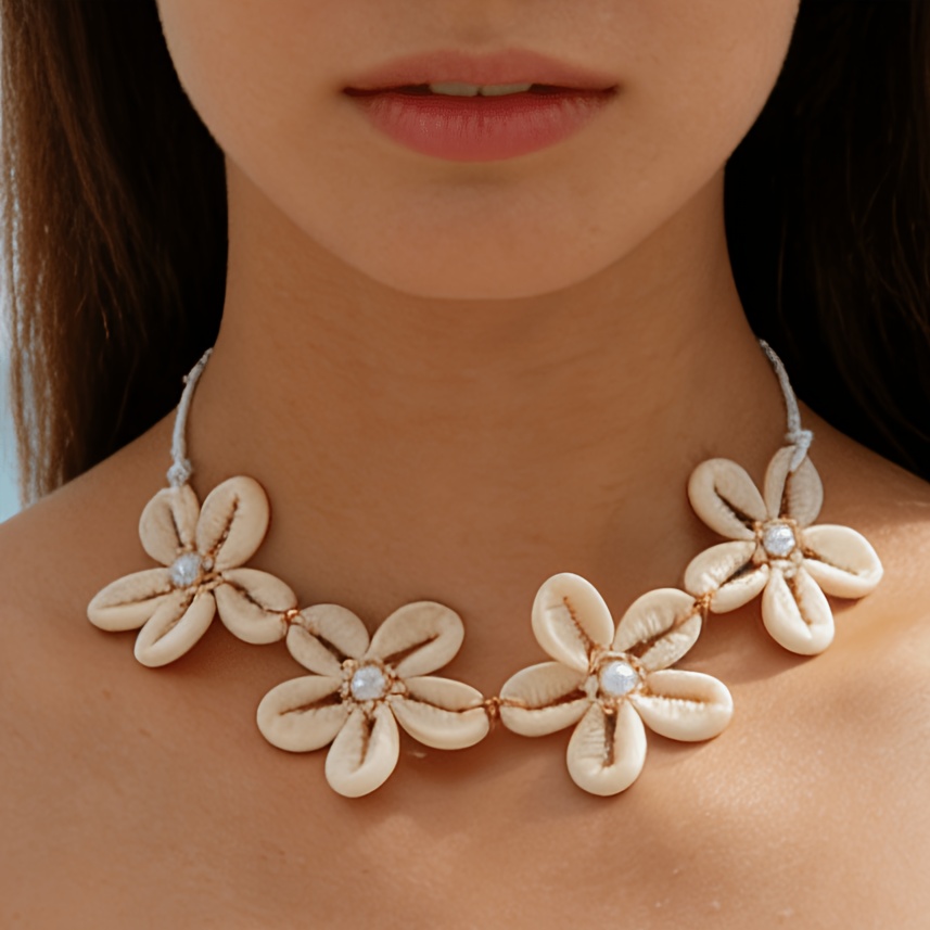 TEMU 1pc Personalized Resin Shell Flower Pendant Necklace Geometric Braided Collarbone Chain For Women Beach Party Holiday Gift For Spring Summer New