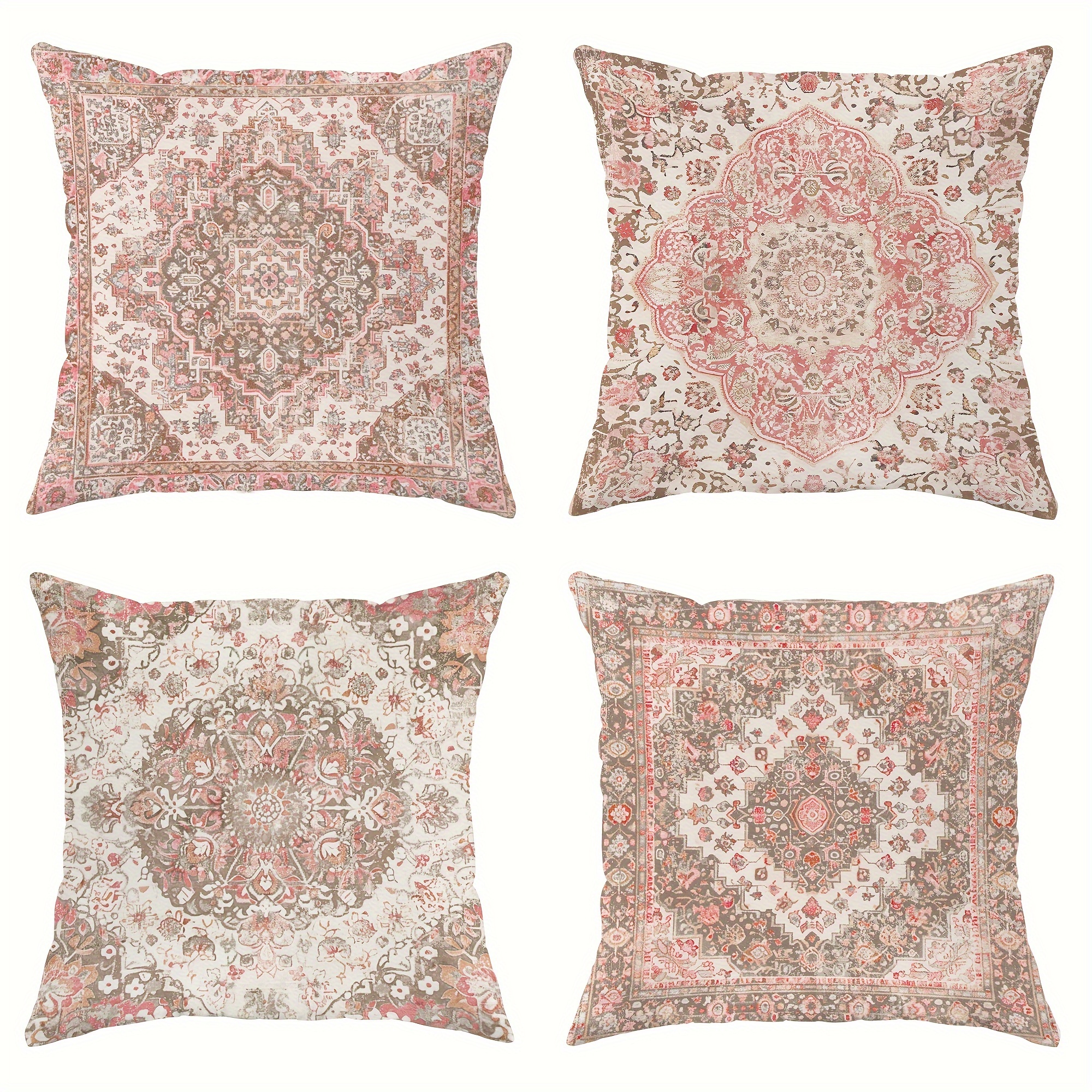 

4pcs Velvet Throw Pillow Covers Floral Beige Brown Persian Turkish Bohemian Vintage Decorative Pillowcases18in*18in For Living Room Bedroom Sofa Bed Decoration Without Pillow Inserts