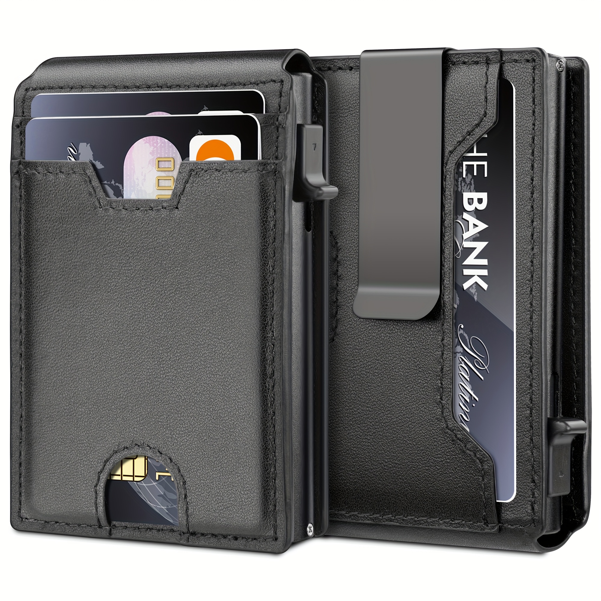 

Sleek Men's Minimalist Wallet - Slim, Rfid-blocking With -up Card Holder & Money Clip, Premium Leather, Black