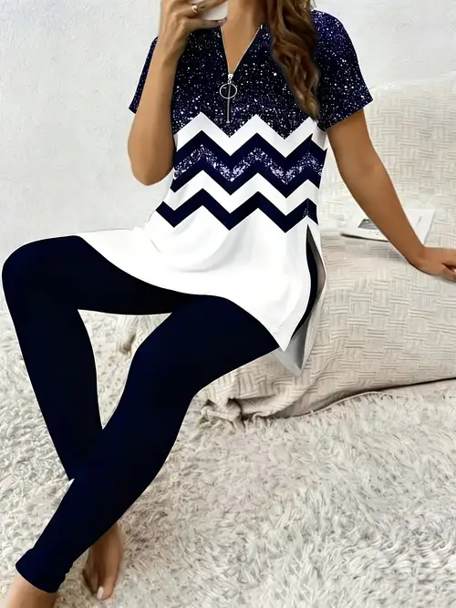 Plus Size, Women's Casual Two-Piece Set * Print Chevron Pattern Zipper V-Neck Short Sleeve Tunic Top with High Waist Navy Blue Leggings Loose Fit Loungewear for Daily Wear * Outdoor Casual Outfits Plus Size, Women's Casual Two-Piece Set * Print Chevron Pattern Zipper V-Neck Short Sleeve Tunic Top with High Waist Navy Blue Leggings Loose Fit Loungewear for Daily Wear * Outdoor Casual Outfits