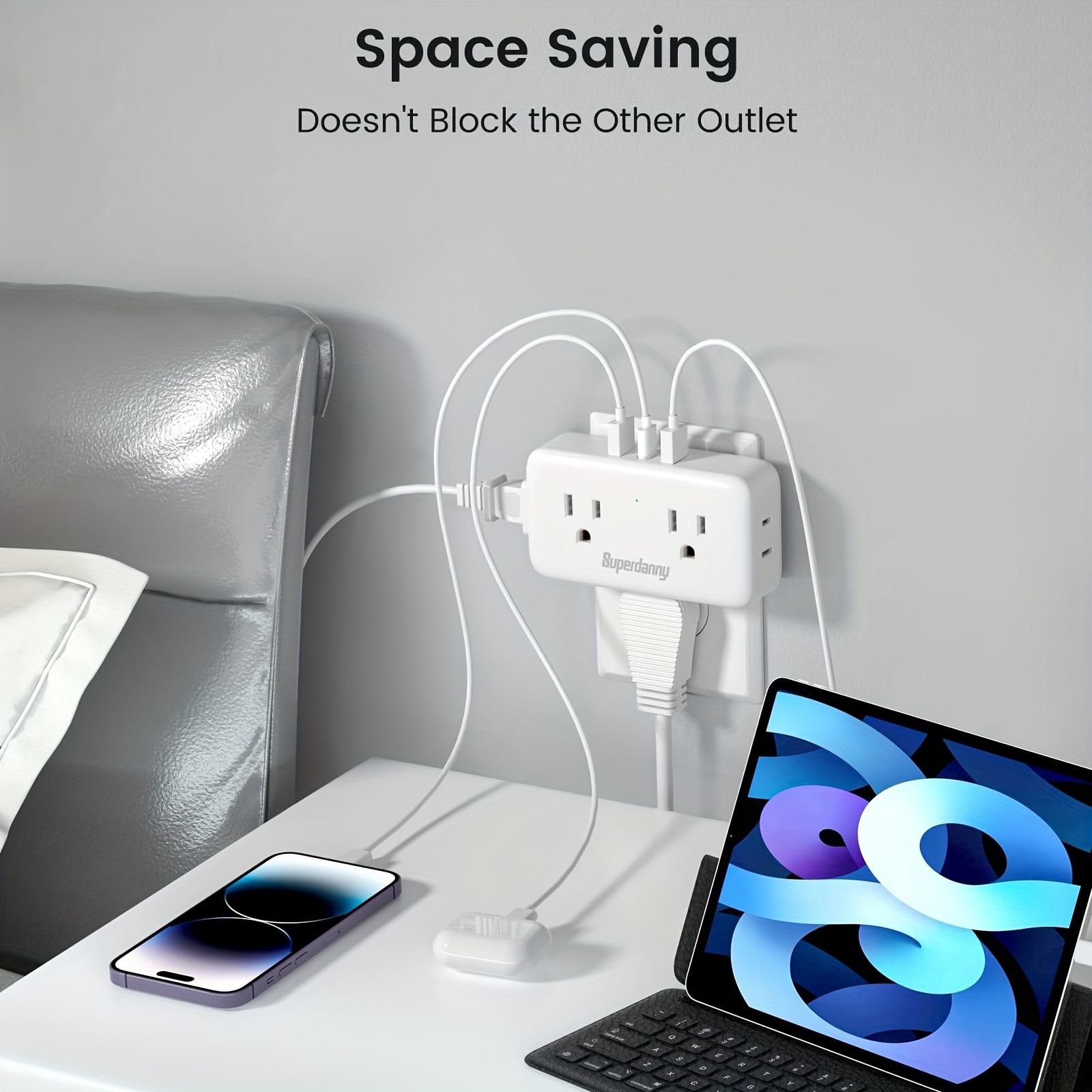 

Multi Plug Outlet Extender, Superdanny Outlet Splitter Protector With 360° Rotating Plug, 4ac+2usb A+1usb C Wall Charger, 4-sided Swivel Wall Plug Extender For Home, Office, Travel, White.