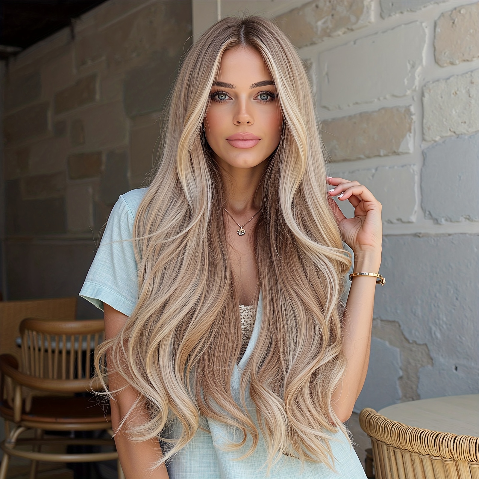 Highlights Middle Parted Long Curly Hair Natural Layered Wig, Rose Hair Net High Temperature Fiber Chemical Fiber Hair, Daily Holiday Party Wear Ladies