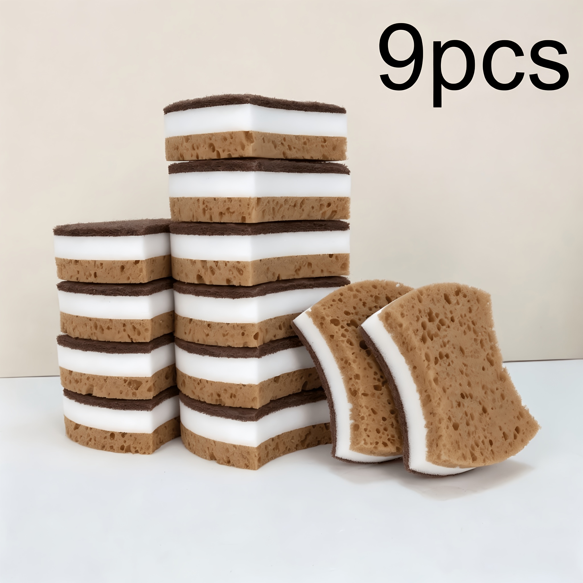 TEMU Brown Seaweed Waist 3-layer Cleaning Sponge Scourers 9/18pcs Powerful Degreasing Sanding Cloths Absorbent Sponge Dishwashing Cloths Kitchen Pot
