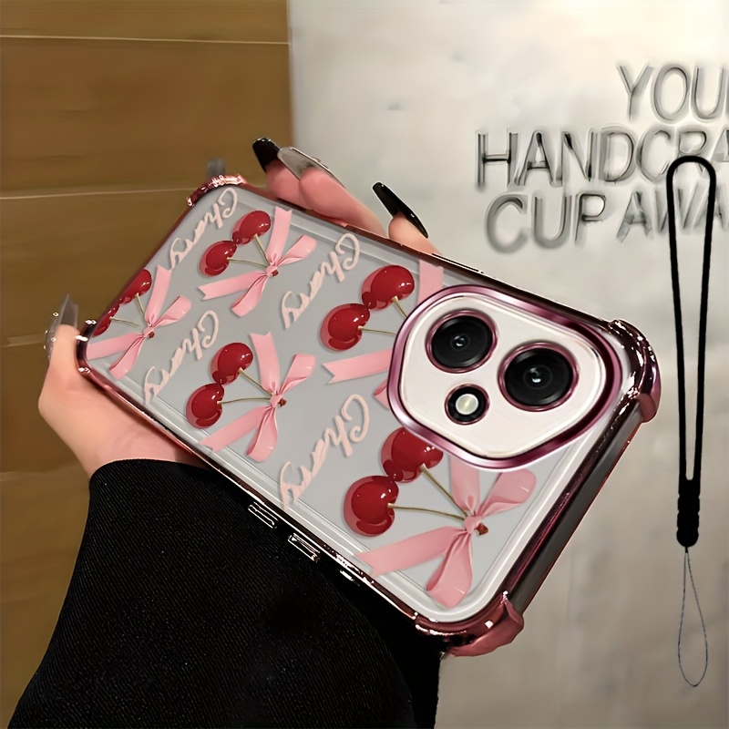 TEMU Phone Case: 2d Flat Phone Case Suitable 400,with A Phone Lanyard,cherry And Bows Illustration Fashionable Mobile Phone Case With Aesthetic Girly