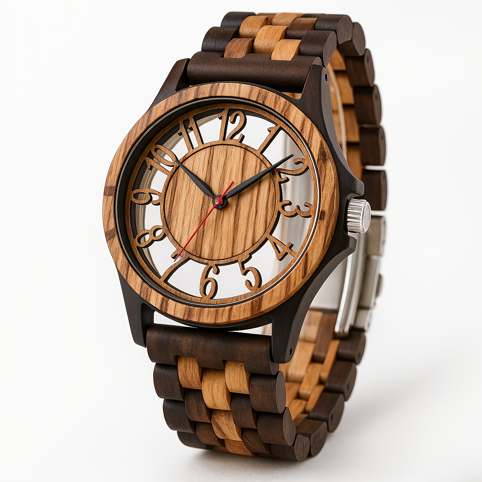 TEMU Leeev Mixed-color Transparent Hollow Light Weight Wooden Watches For Men Handmade Engraved Wood Watch Quartz Men's Bamboo Wristwatch Mens Gift