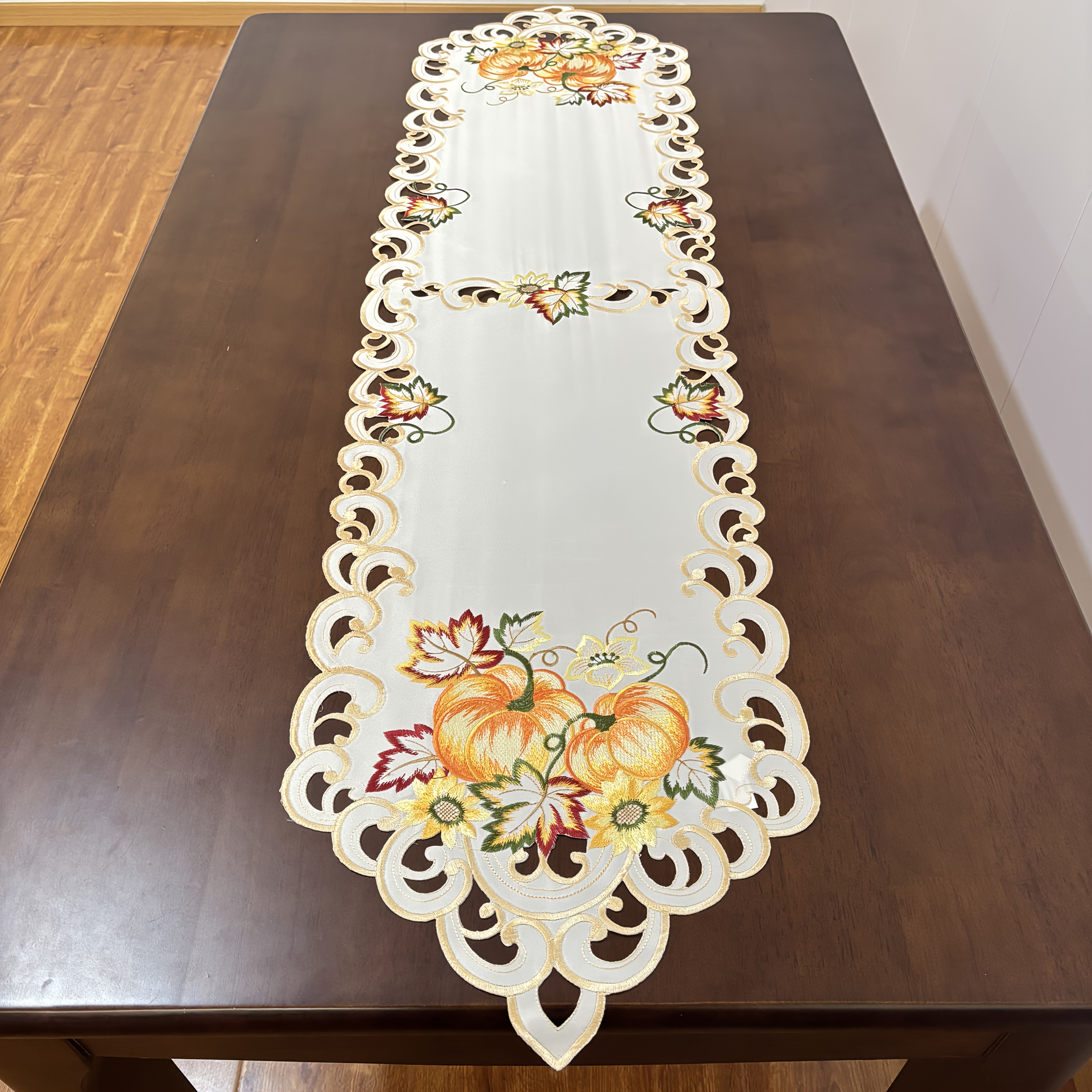TEMU Autumn Embroidered Pumpkin Table Runner Thanksgiving Pumpkin Maple Leaf Hollow Table Runner Suitable For Home Dining Table Decoration, Holiday