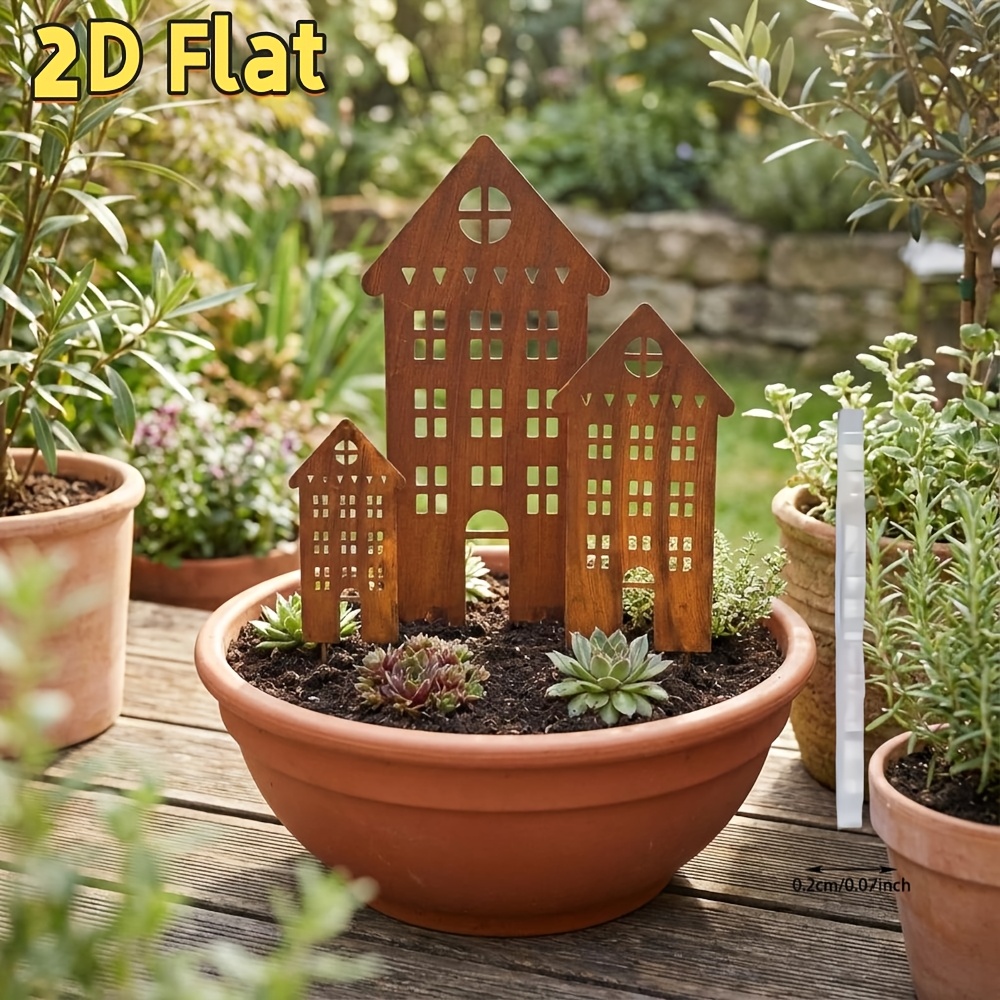 TEMU 2D Flach, [2D Flach] 2D Flach Gartenstecker aus Stahl im rustikalen Stil - Acryl-Gartendekoration, Set mit 3 Stück, 2D Flach