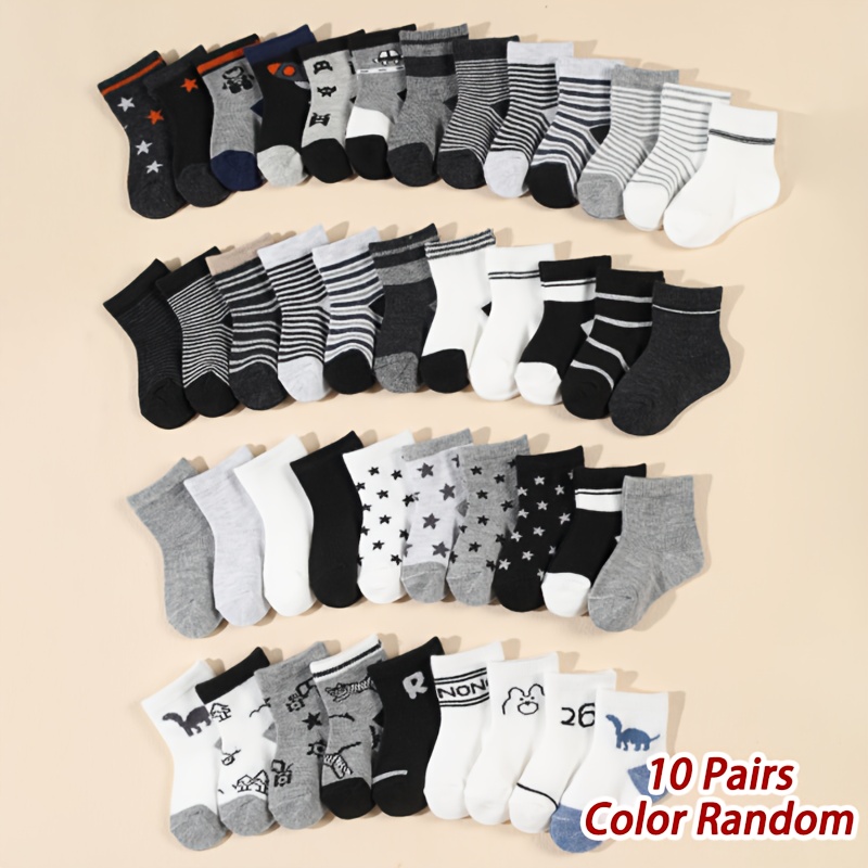 Image of 10 Pairs Of Baby Socks Featuring Random Cartoon Designs With Stars And Stripes, Cute Patterns For Infant Boys In Mid-calf Length