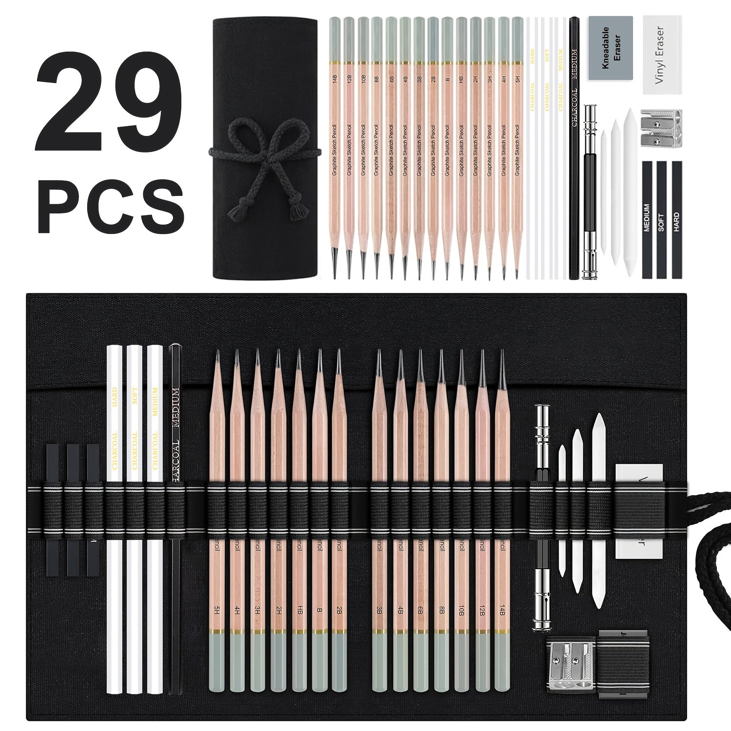 TEMU 29pcs For Pro Sketching Drawing Pencil Set, Sketch Pencils Art Supplies With Graphite, Charcoal, Erasers, Sharpener And , Drawing Kit For Adults