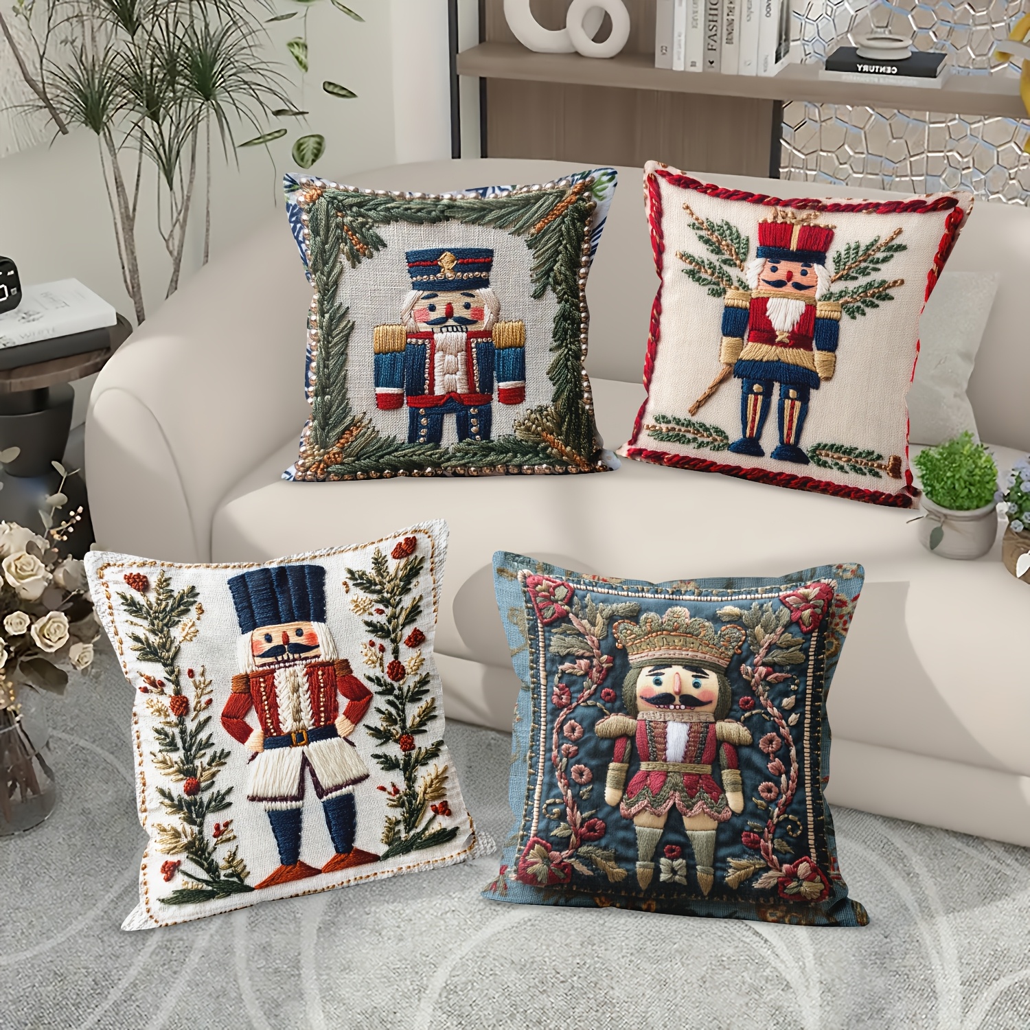 

4pcs Nutcracker Throw Pillow Covers, 18x18 Inch - Vibrant Short Plush Holiday Decor With Zip Closure For Sofa, Bed, Car, And Porch - Machine Washable, Polyester (no Inserts)