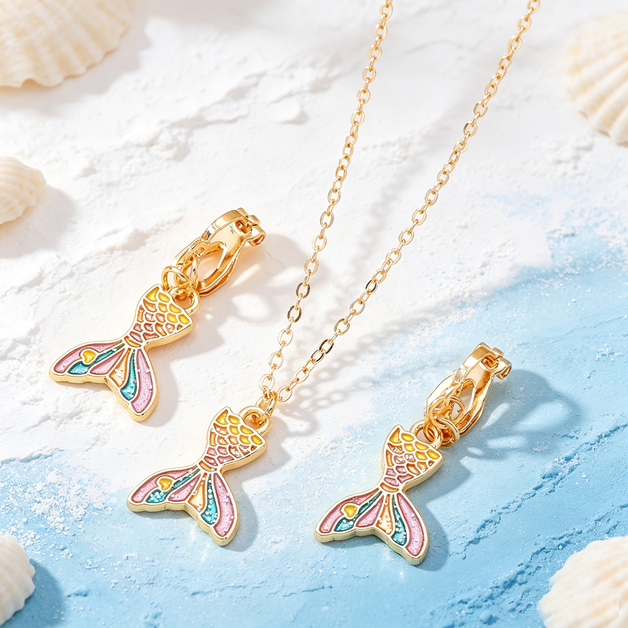 TEMU 3pcs Set Ear Clip Necklace Set, Shimmering Pink Mermaid Tail, No-piercing Earrings, Adjustable Chain Design, Convenient Matching Set, Affordable
