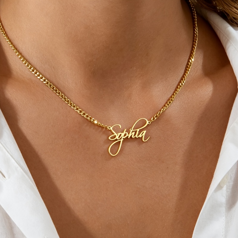 TEMU 1 Custom-made 304l Stainless Steel Custom Name Necklace For Women, Non-fading Clavicle Chain, Cuban Chain Handwritten Design, Engraved With