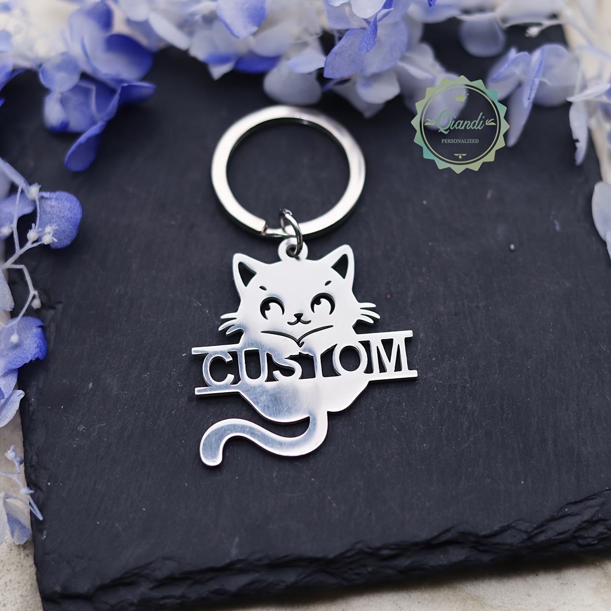 TEMU Cat Custom Name Keychain Laser Cutting Text Keyring Stainless Steel Animal Keychain Birthday Gift