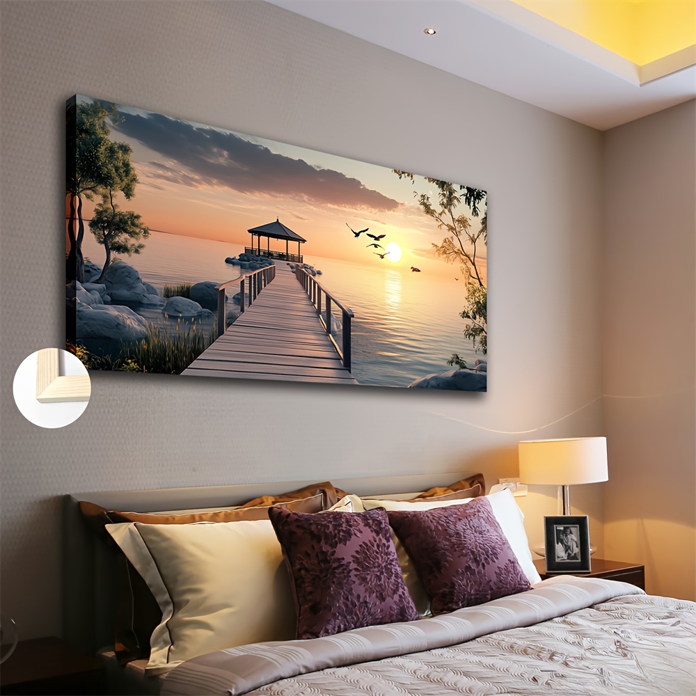 large size framed abstract sea and birds canvas wall art modern minimalist landscape painting with wooden frame 50x100cm 20x40 inches   living room bedroom office   decor coastal home decor