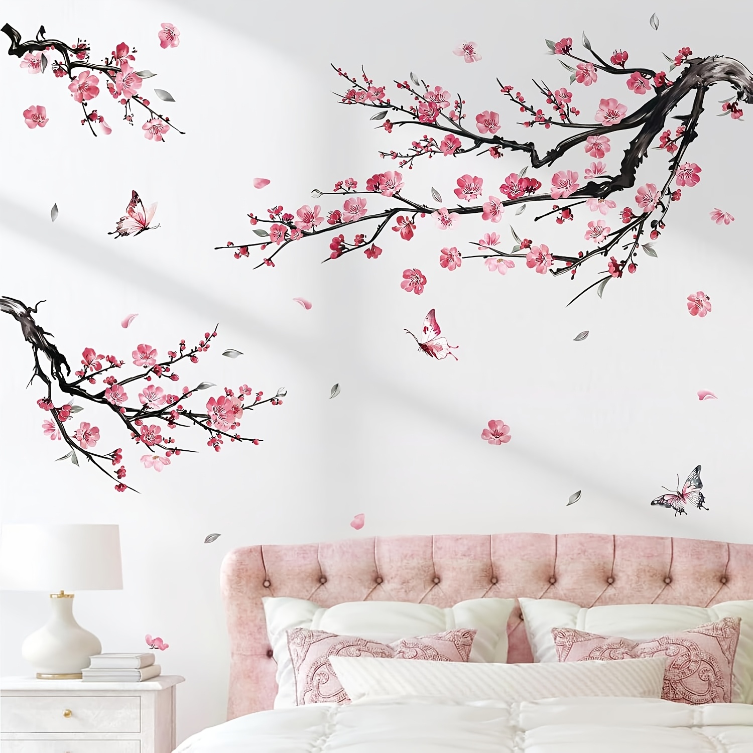 Image of 2pcs Japanese Pink Floral Vinyl Wall Decals With Butterflies, Suitable For Living Room, Bedroom, Bathroom, Bathtub, Entryway, Bedside Decor, Stickers, Garden Theme Summer And Autumn Decoration Gift