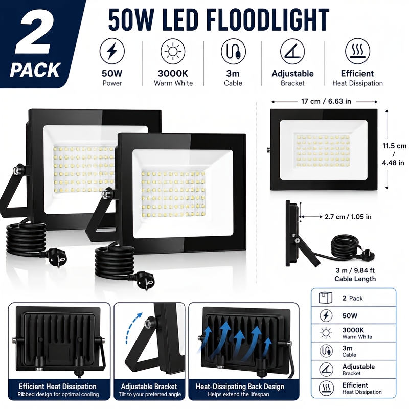 Image of 2 Led Outdoor Floodlights, Warm White Light, Outdoor Lighting, 3-meter Power Cord, Adjustable Bracket, Aluminum Alloy Housing, Garage/warehouse Driveway Wall Lighting.