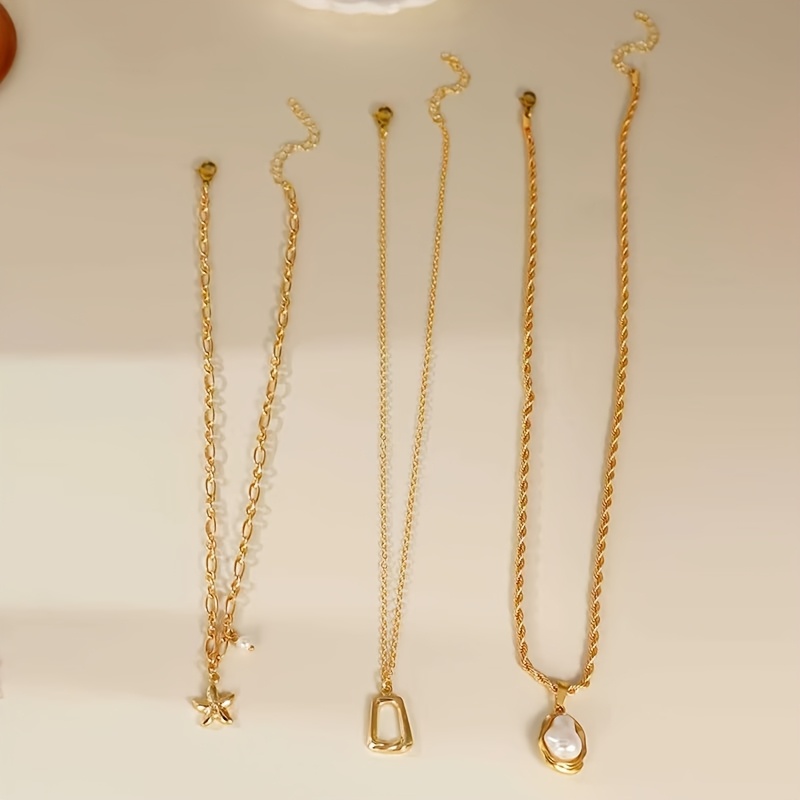 TEMU 3 Collares de Moda Tendencia, Elegante Collar de Mujer con de Perlas Barrocas, Cuadrado Hueco, Colgante de de Metal, Cadena de Clavícula, Collar