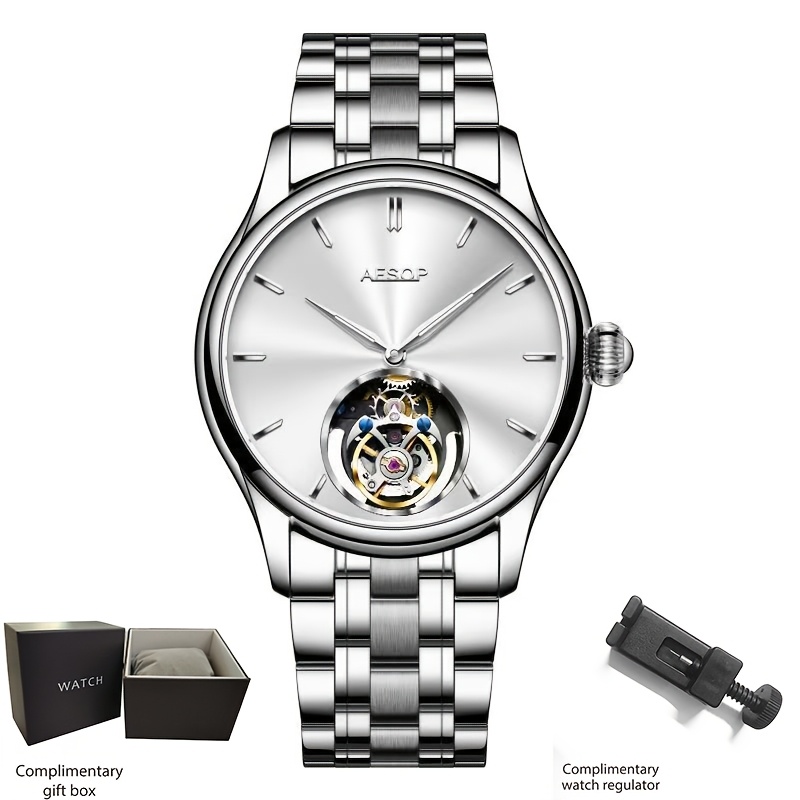 Image of The [aesop] Flying Tourbillon Men's Mechanical Watch Features Synthetic Sapphire, Is Waterproof, Has A Manual Winding Tourbillon, And With A Luxurious Stainless Steel Bracelet, Without Battery