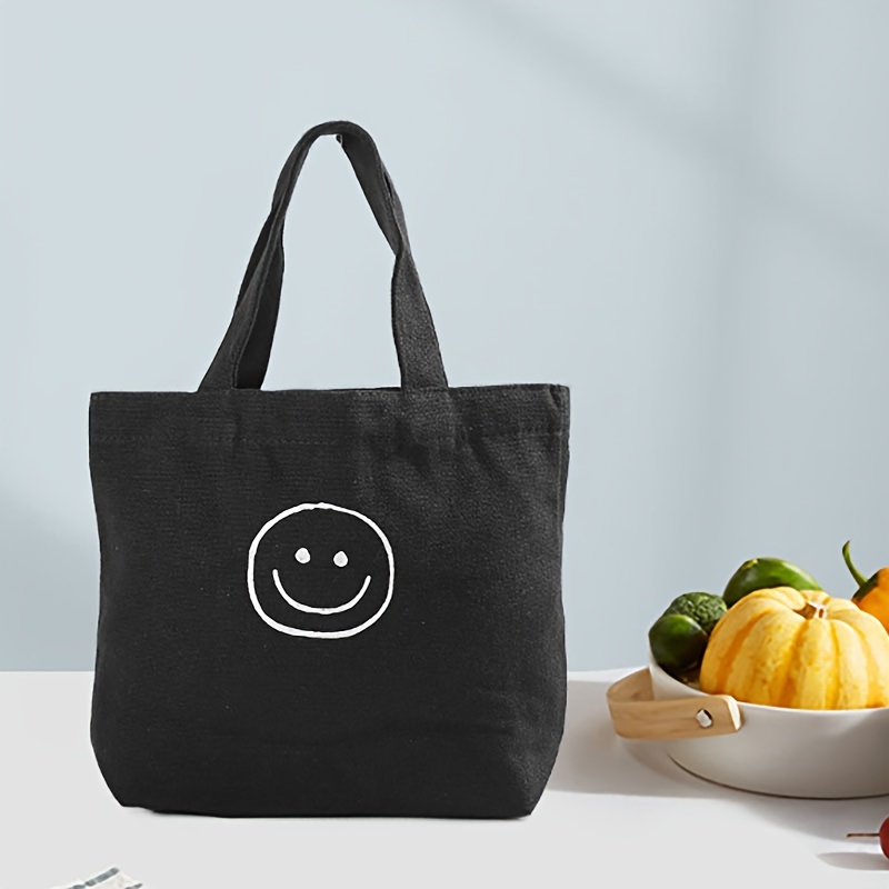 

Canvas Tote Bag With Smile Print, Simple Solid Color Lightweight Foldable Casual Shopper Shoulder Bag For Women, Cute And Versatile Everyday Tote