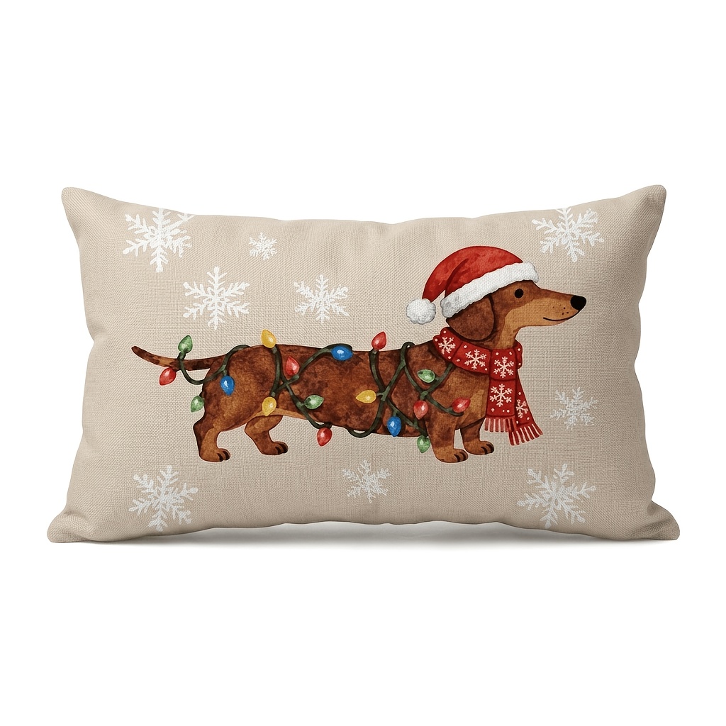 TEMU 1pc Cute Dachshund Christmas Throw Pillow Cover, Funny Dog Santa Hat Scarf Snowflake Lumbar Pillow Case For Couch Sofa Bedroom, Dachshund Lover