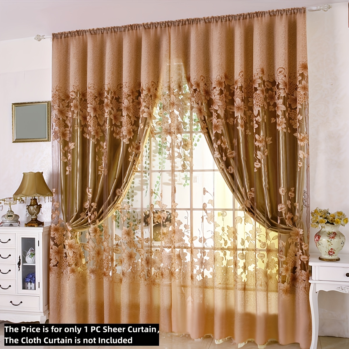 Image of 1pc Flower Pattern Sheer Curtain, Pastoral Style Pattern, Single Layer Flower Thin Sheer Curtain, Rod Pocket, Suitable For Living Room And Bedroom Home Decoration