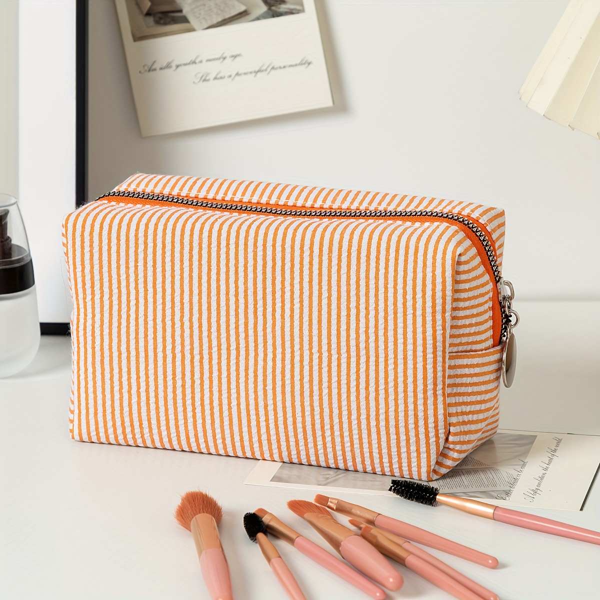 TEMU 1 Custom Embroidered Striped Travel Toiletry Bag - A Personalized Cosmetic Organizer, Zippered Makeup Pouch, And Portable Polyester Storage Case