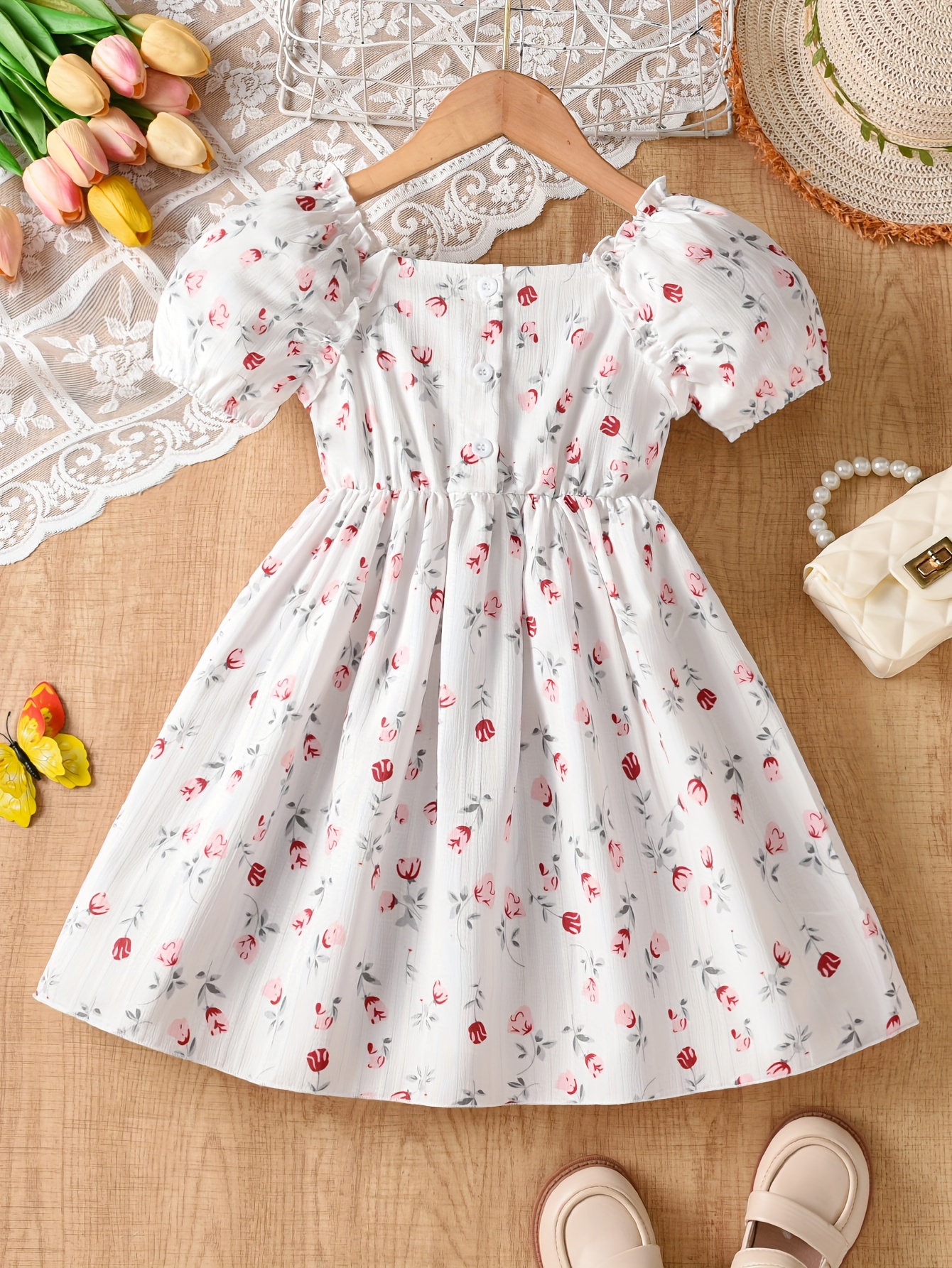 Floral Dress Cute Pink Casual Dresses Lace Cute Summer Dresses For Girls  Girls' Floral Print Sleeve