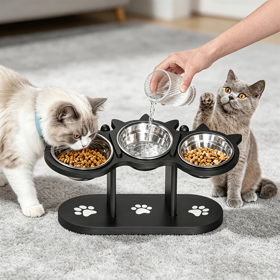 TEMU Cat Food Bowl Holder, Pet Feeding Device, 15° Angle Cat Food Bowl Lifting Stand, Anti-slip Lifting Type Cat Food Bowl, 3pcs Set Of Stainless
